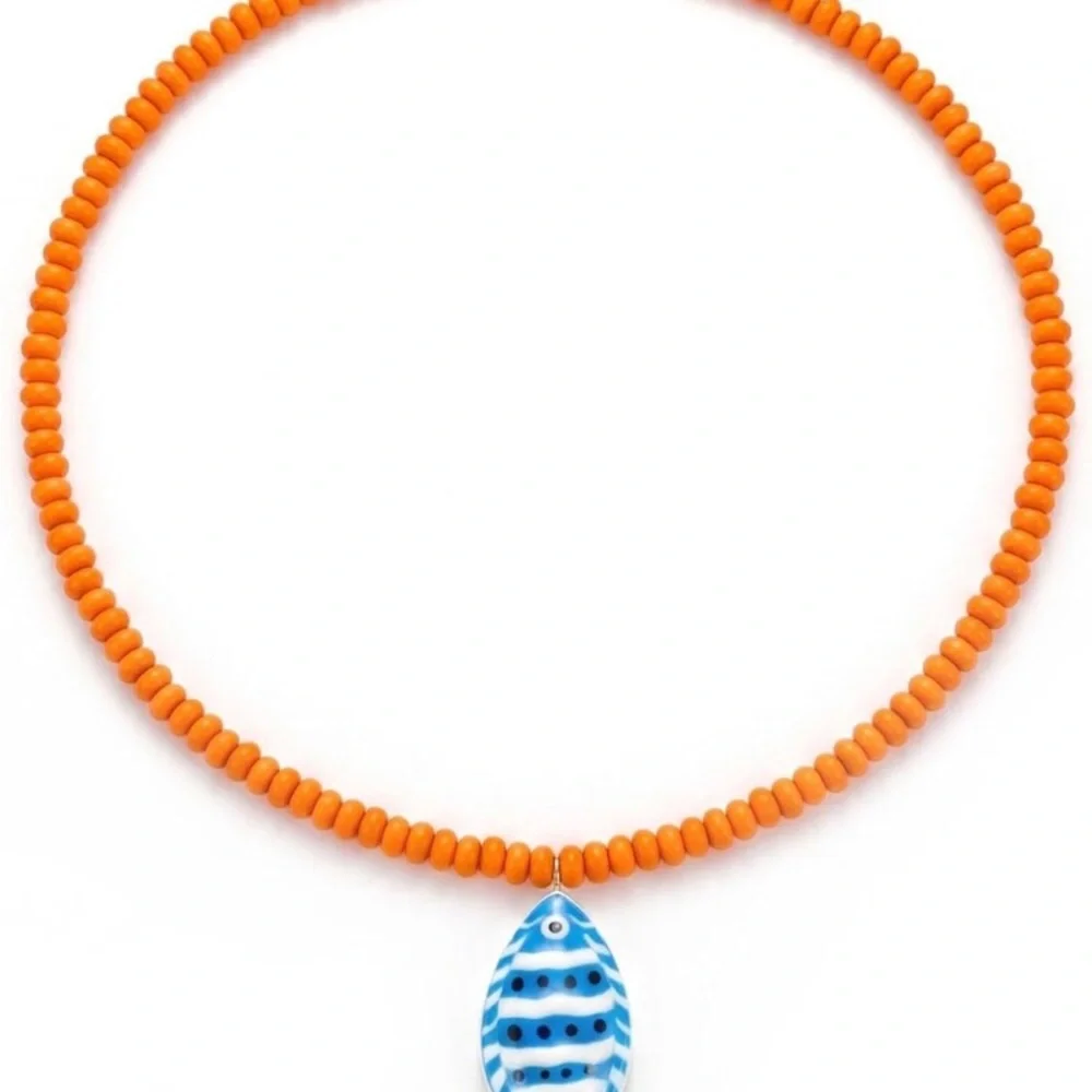 Orange Beaded Necklace with Blue Fish Charm